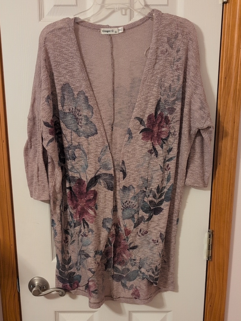 Ginger G Mauve Floral Open-Front Cardigan with Blue and Pink Accents